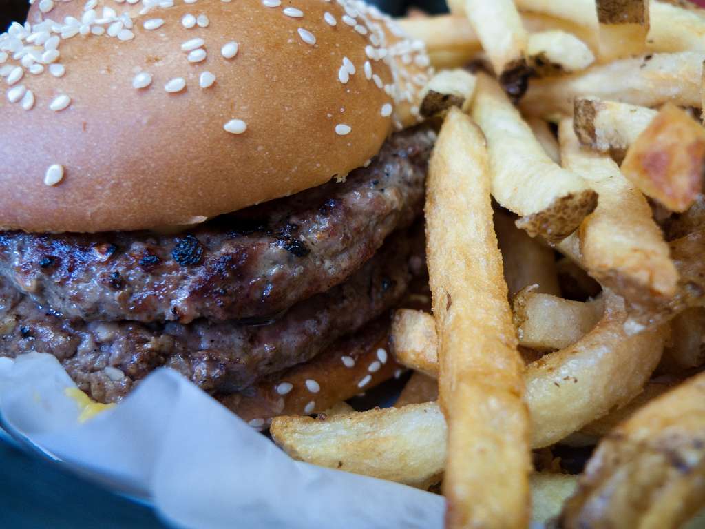 Un repas gras composé d'hamburger et de frites