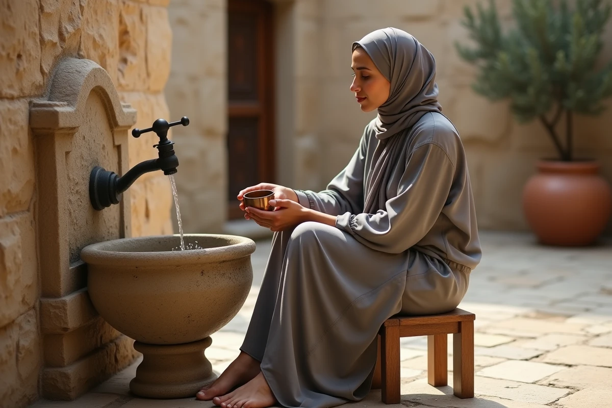 Femme accomplissant les ablutions rituelles à une fontaine en pierre dans une cour traditionnelle, geste de purification serein