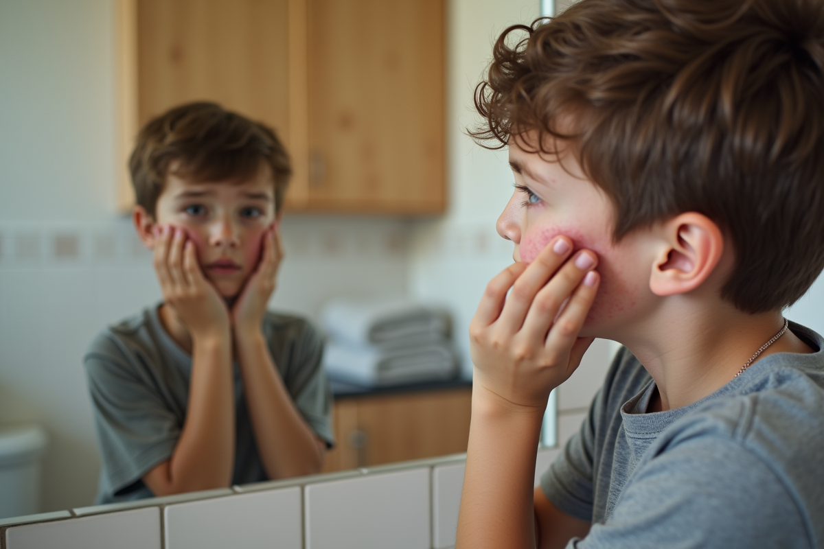 Adolescent regardant son visage eczema dans le miroir