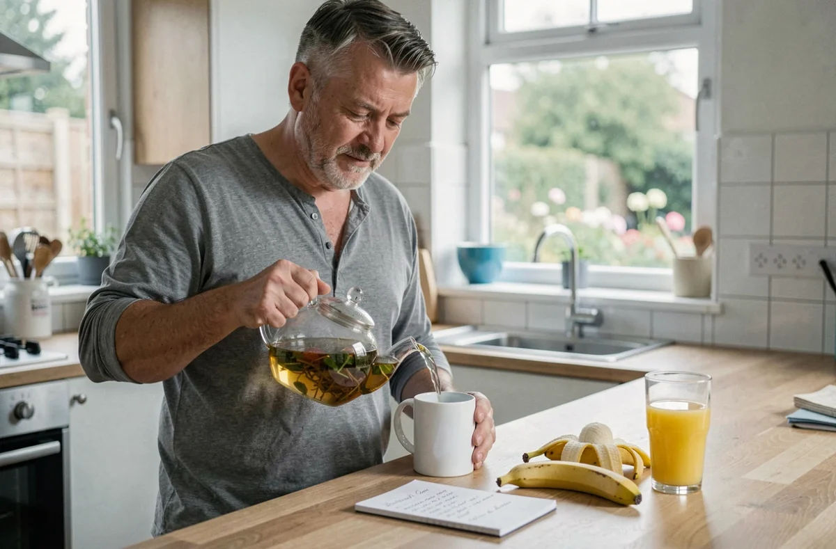Homme préparant une tisane et des aliments autorisés la veille d'une coloscopie dans une cuisine domestique