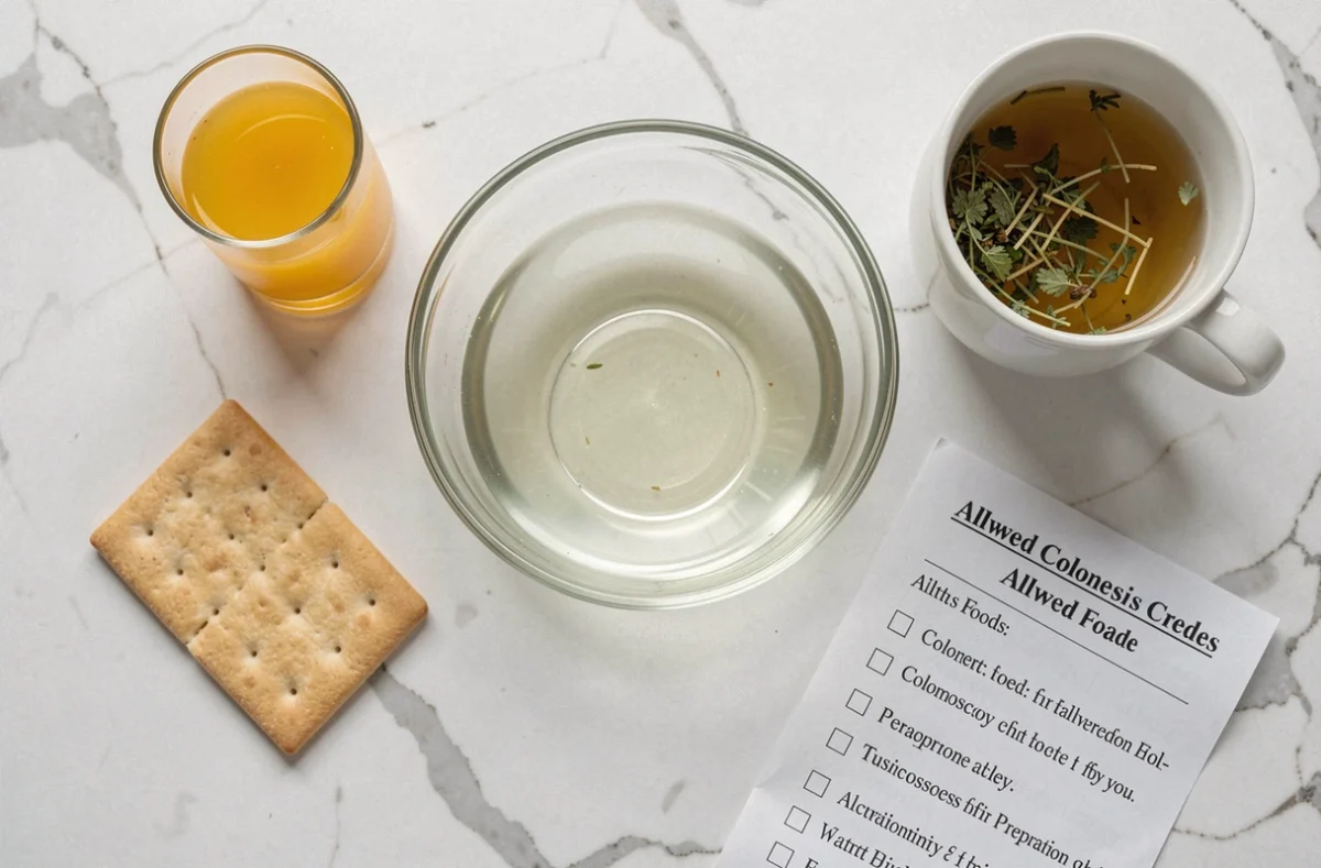 Vue de dessus des aliments et boissons autorisés la veille d'une coloscopie sur un plan de travail en marbre blanc