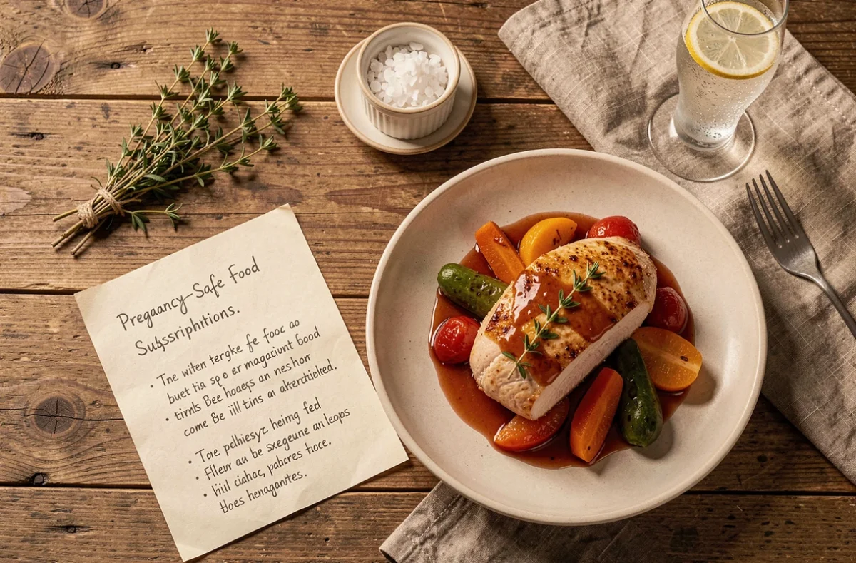 Assiette de substitut de magret de canard pour femme enceinte avec note de conseils alimentaires sur table en bois rustique