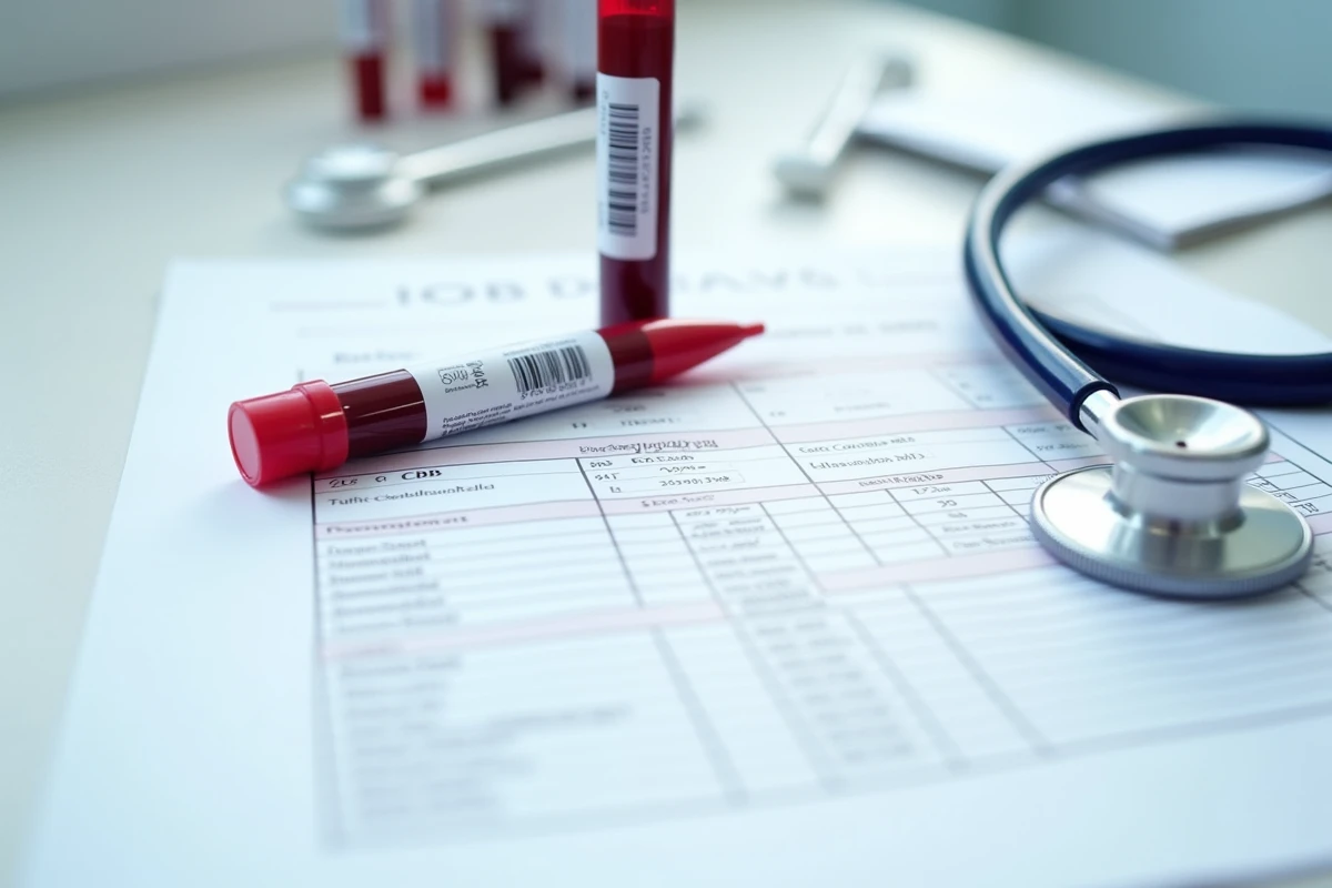 Tube de prise de sang et rapport d'analyse hématologique montrant un CCMH bas sur un comptoir de laboratoire médical
