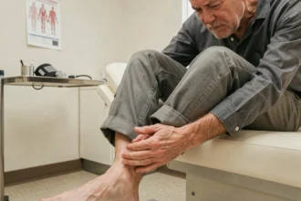 Médecin examinant les jambes d'un patient âgé pour détecter des signes d'artères bouchées et d'artériopathie des membres inférieurs