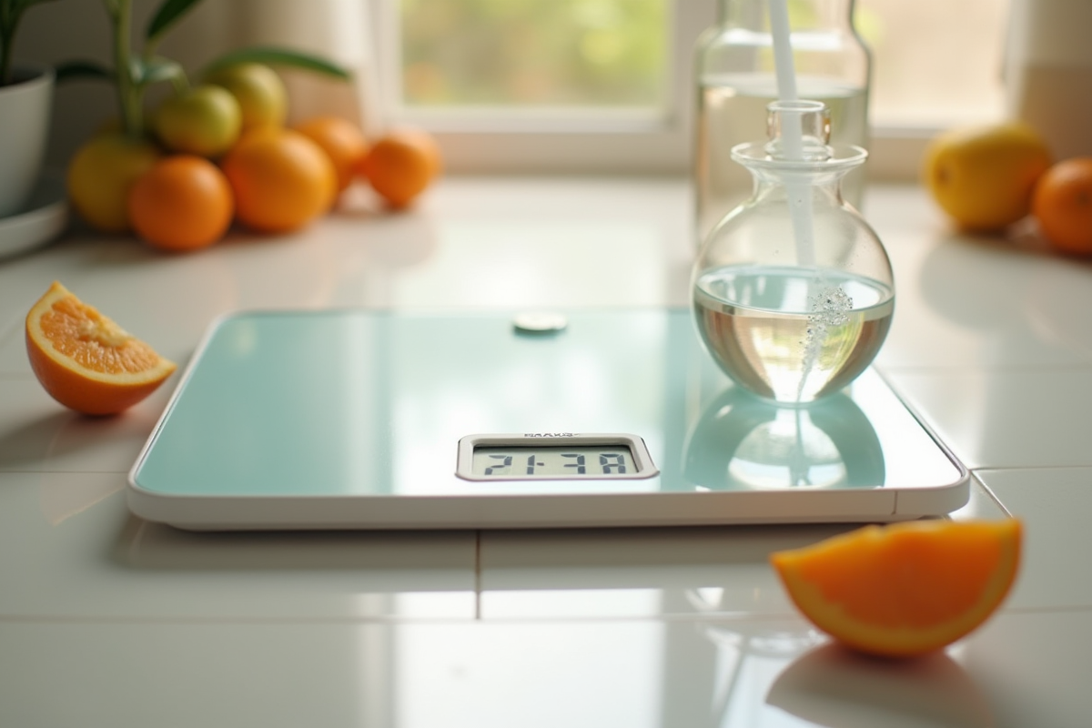 Balance digitale avec fruits et eau dans la cuisine lumineuse