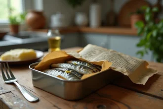 Boîte de sardines ouverte à l'huile d'olive sur une table en bois rustique avec une fourchette