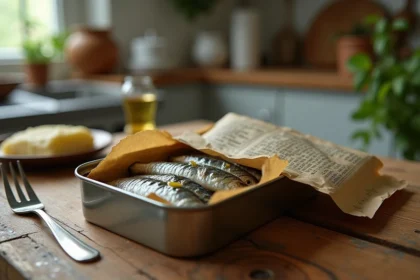 Boîte de sardines ouverte à l'huile d'olive sur une table en bois rustique avec une fourchette