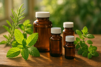 Photo hyperrealiste de bouteilles de supplements herbes et plantes vertes fraîches sur une table en bois