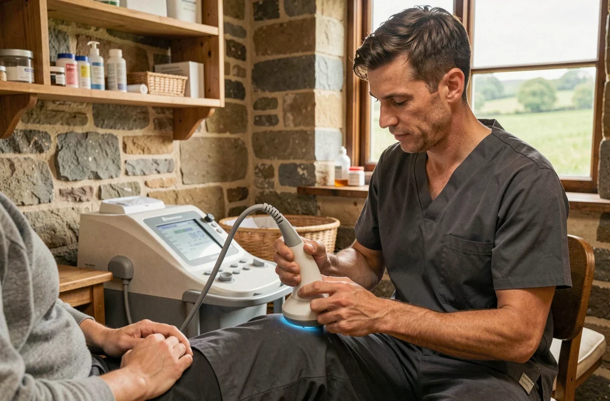 Catalin Turcanu, kinésithérapeute à Varennes-Changy, appliquant un traitement par ultrasons thérapeutiques sur la jambe d'un patient dans son cabinet rural