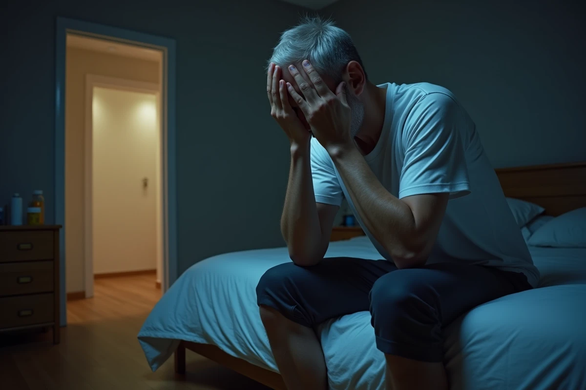 Homme d'une cinquantaine d'années assis au bord du lit, la tête dans les mains, illustrant les troubles du sommeil et cauchemars liés à une anesthésie