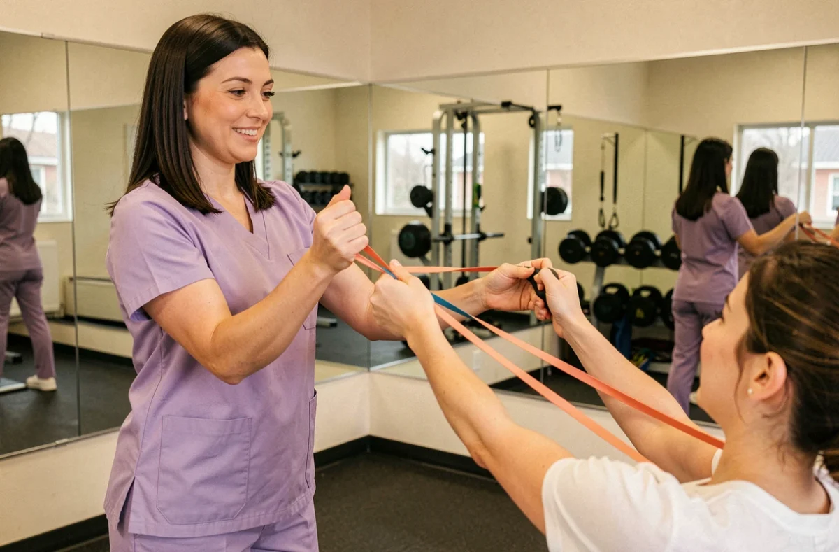 Charline Milhiet, kinésithérapeute à Orléans, supervisant un exercice de rééducation avec bandes élastiques dans une salle de physiothérapie