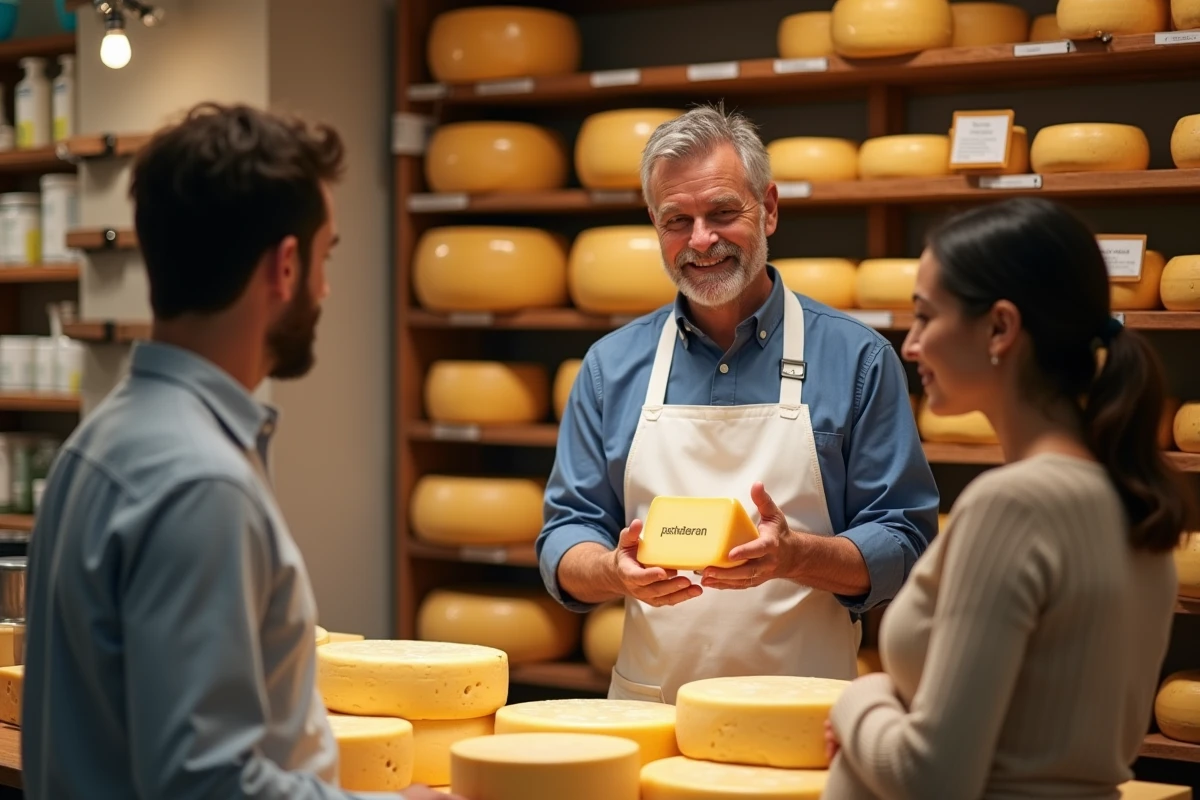 Fromager sert un couple avec un fromage parmesan dans une boutique