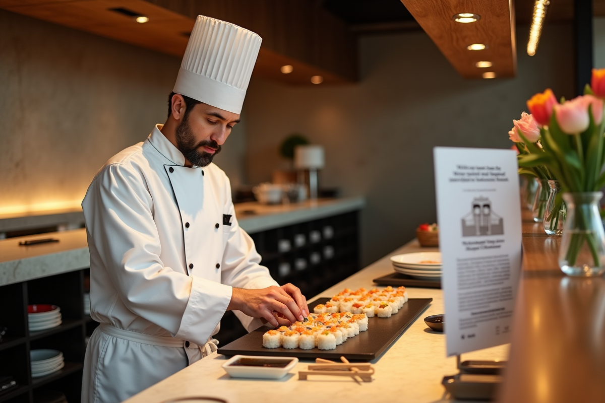 Chef de sushi préparant des rouleaux dans un restaurant