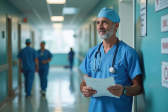Chirurgien homme en blouse bleue dans un couloir d'hôpital moderne