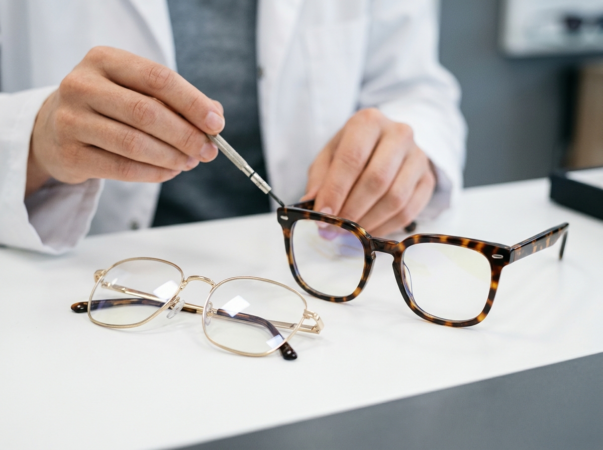Comparaison de deux paires de lunettes, lunettes de vue et lunettes de repos, posées sur un comptoir d'opticien