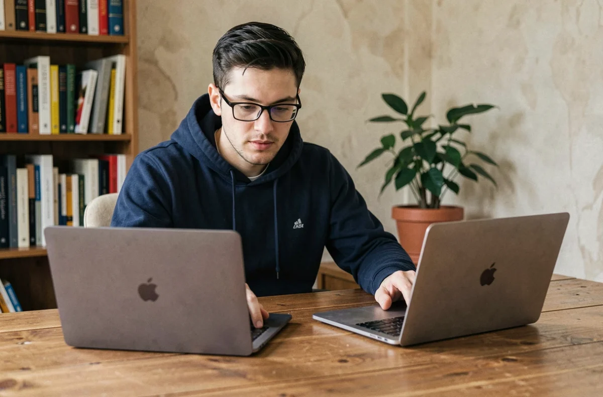 Homme en télétravail comparant un ordinateur portable Itworks avec un laptop de grande marque high-tech sur son bureau