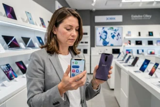 Femme comparant deux smartphones dans un magasin d'électronique, une marque générique face à une grande marque high-tech