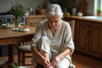 Femme âgée appliquant une compresse humide sur son talon pour soulager une épine calcanéenne, remède de grand-mère traditionnel