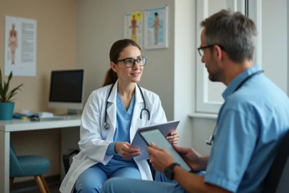 Anesthésiste en consultation préopératoire avec un patient, révision du dossier médical avant anesthésie générale