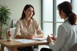 Femme trentenaire en consultation gynécologique discutant de kystes ovariens avec sa médecin dans un cabinet moderne