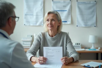 Femme de 45 ans tenant ses résultats d'analyse sanguine lors d'une consultation médicale pour un taux de CCMH bas malgré un traitement au fer