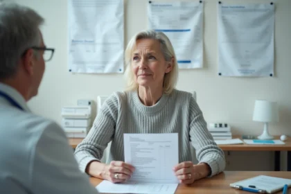 Femme de 45 ans tenant ses résultats d'analyse sanguine lors d'une consultation médicale pour un taux de CCMH bas malgré un traitement au fer