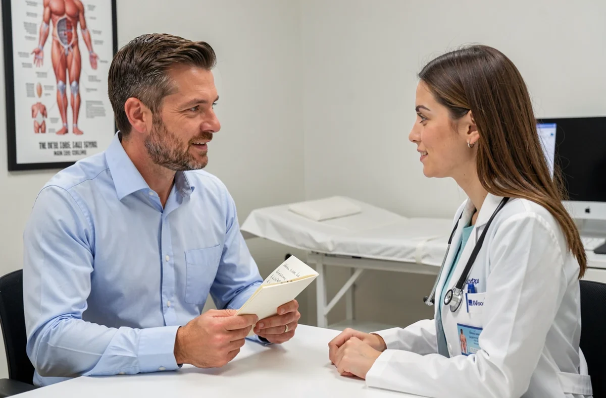 Patient homme discutant de ses symptômes abdominaux avec une médecin généraliste lors d'une consultation médicale préparée