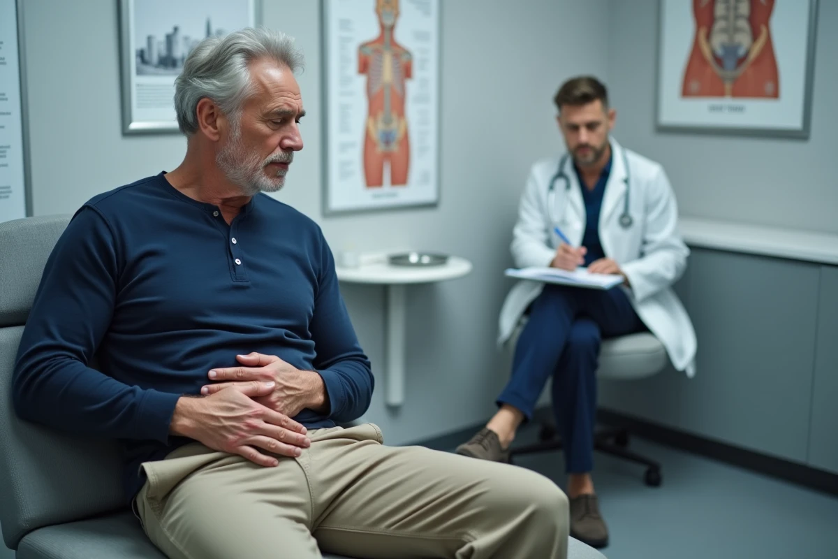 Patient allongé sur une table d'examen médicale tenant son côté droit sous les côtes lors d'une consultation