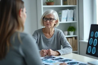 Femme de 60 ans en consultation neurologique examinant des images IRM avec un médecin pour des troubles de la mémoire