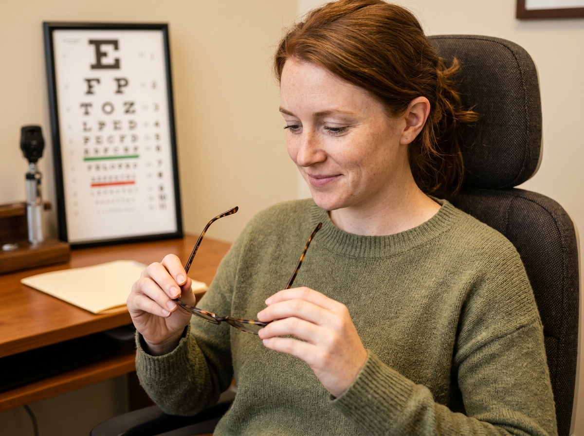 Jeune femme examinant sa nouvelle paire de lunettes lors d'une consultation chez un opticien indépendant