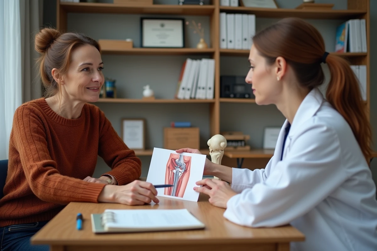 Consultation ostéopathique avec explication du schéma articulaire du genou à une patiente souffrant d'arthrose