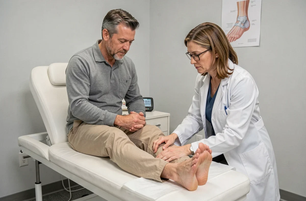 Consultation podologique pour douleurs et brûlures aux pieds après la marche, examen clinique réaliste