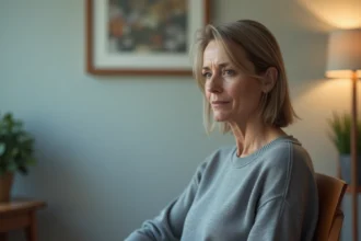 Femme d'âge mûr en consultation psychiatrique pour dépression résistante, assise seule dans une salle clinique aux tons neutres