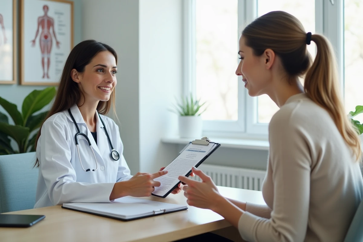 Consultation médicale gynécologique entre une patiente et sa médecin pour le suivi après une ligature des trompes ou une salpingectomie