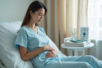 Femme en convalescence après une ablation de trompe, assise dans un lit d'hôpital avec une expression calme et sereine