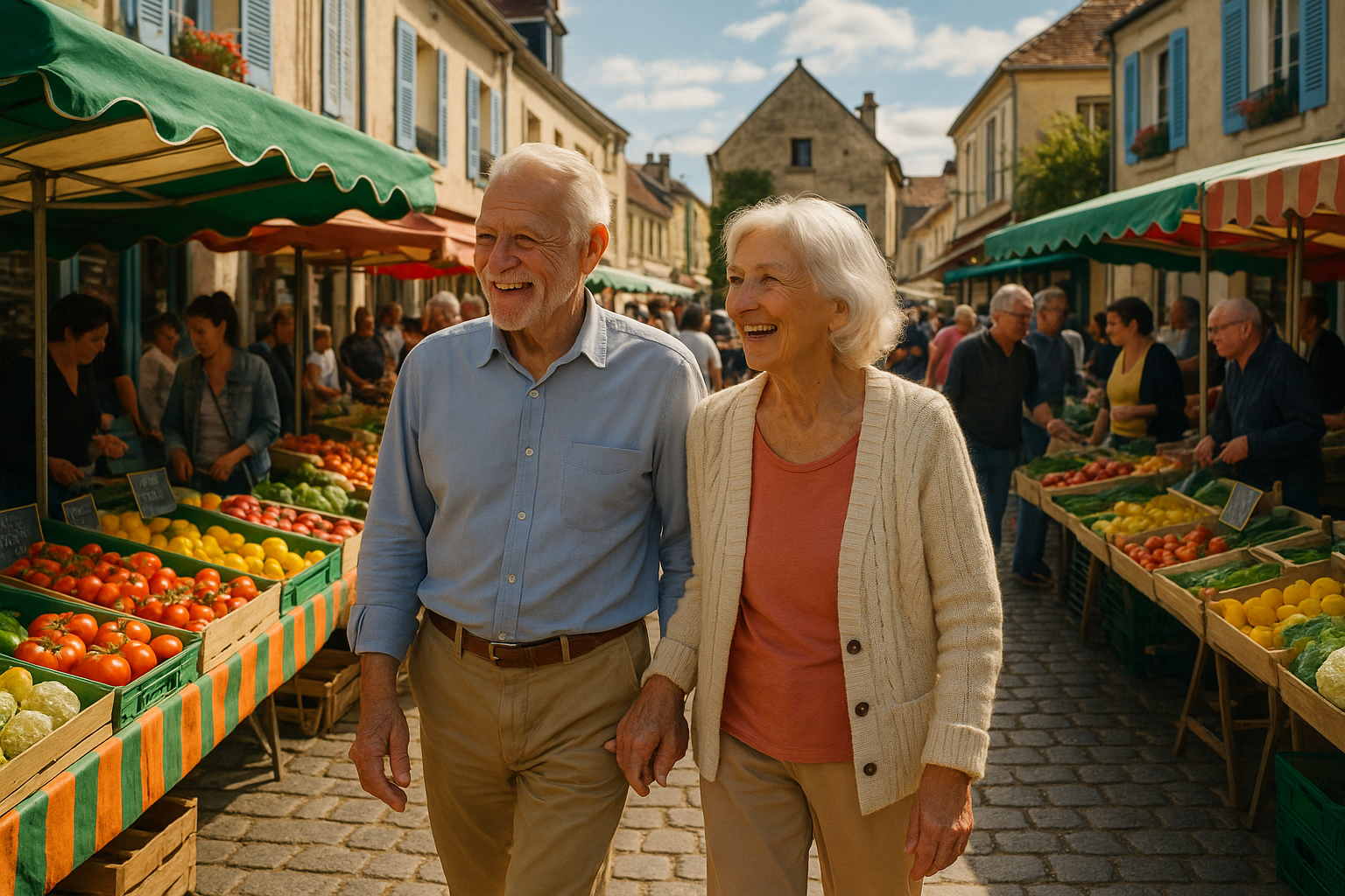 Couple actif se promenant dans un marché en Yvelines ensoleillé