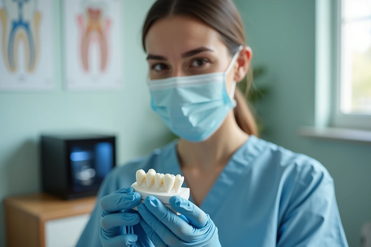 Dentiste tenant une maquette de couronne dentaire fraîchement imprimée