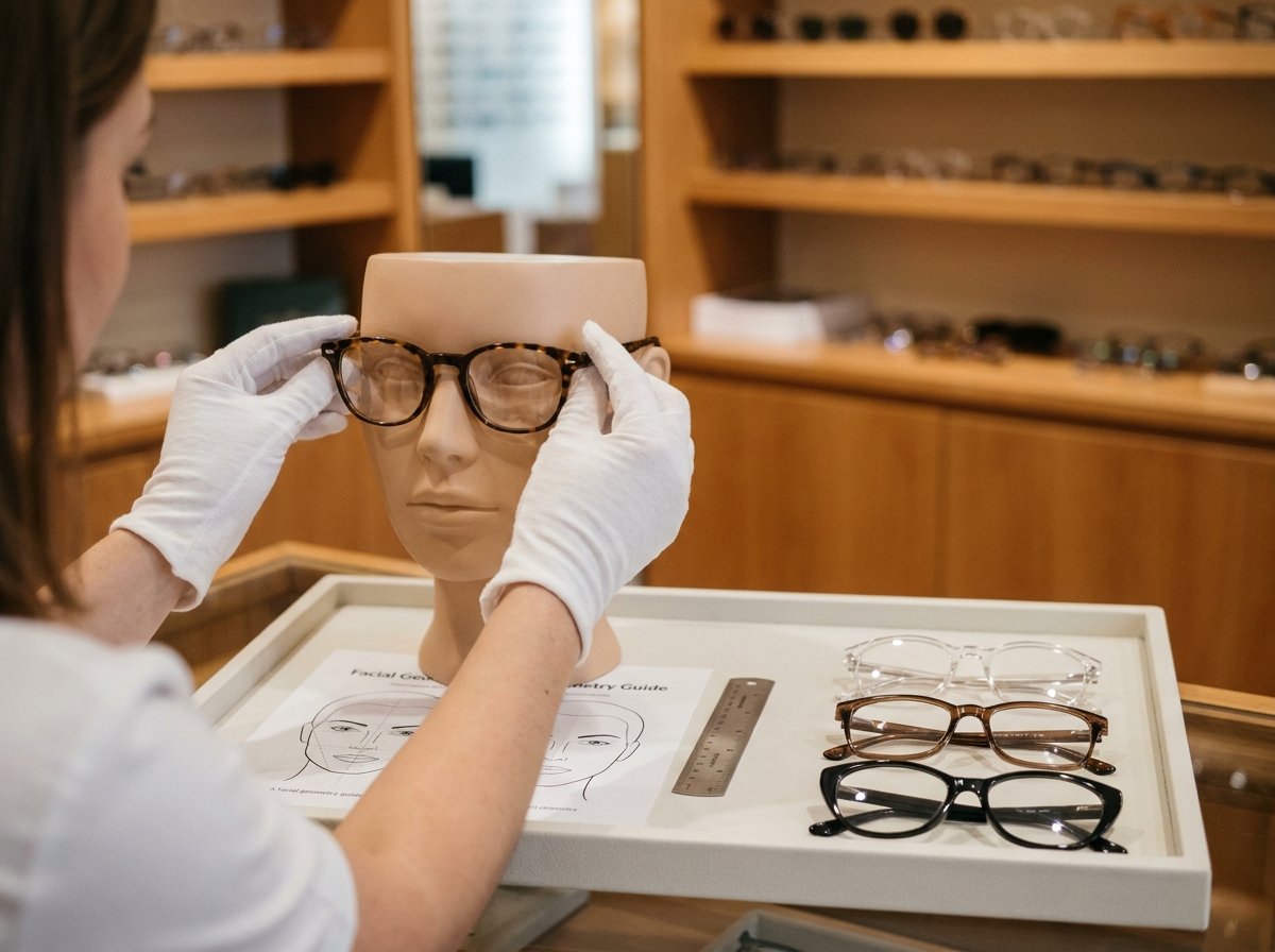 Gros plan sur des montures de lunettes disposées sur un plateau de consultation chez un opticien visagiste
