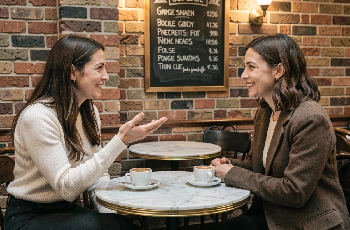 Deux femmes dans un café discutant de la superstition de la main droite qui gratte et l'argent