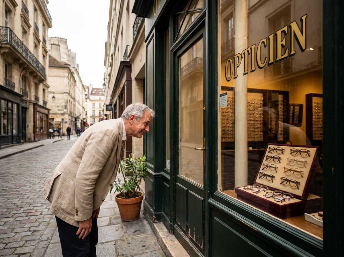 Devanture d'un opticien de quartier parisien avec un client observant la vitrine de lunettes