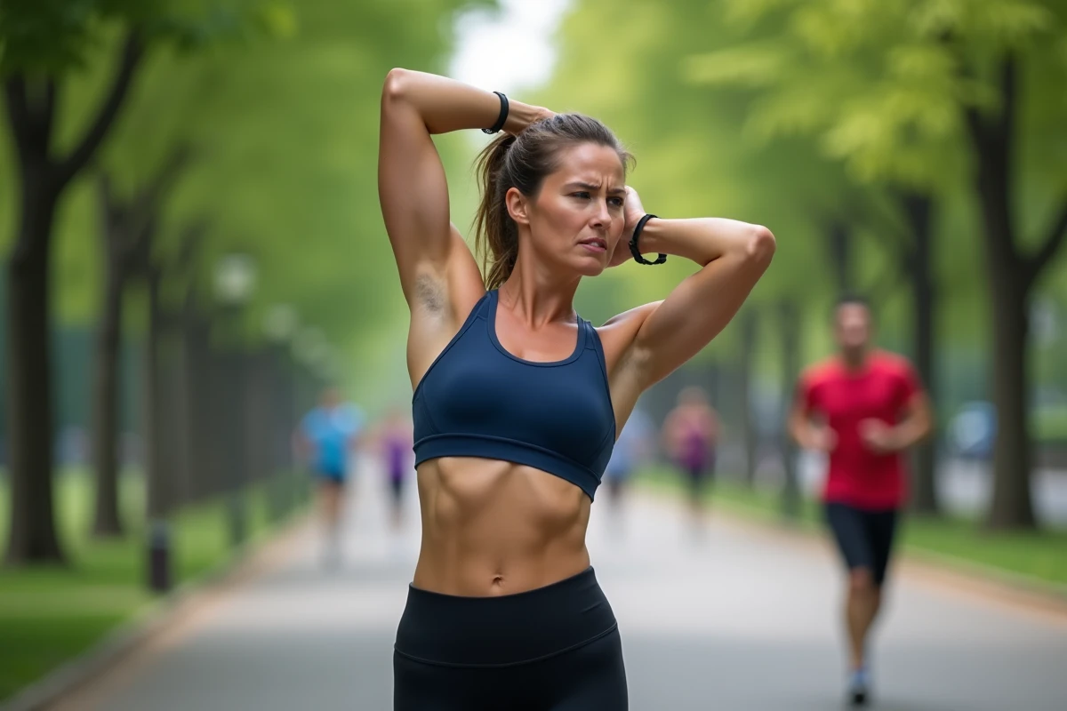 Femme sportive faisant un étirement du bras gauche avec une expression de douleur sous l'aisselle dans un parc urbain