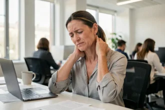 Femme au bureau souffrant de douleurs cervicales remontant vers la tête en milieu professionnel