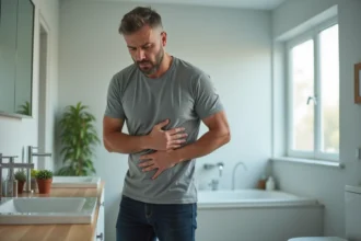 Homme d'âge mûr tenant son côté droit sous les côtes avec une expression douloureuse dans une salle de bain moderne