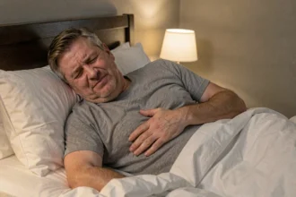 Homme allongé dans son lit la nuit tenant ses côtes avec une expression de douleur, illustrant les symptômes d'une côte fêlée au repos