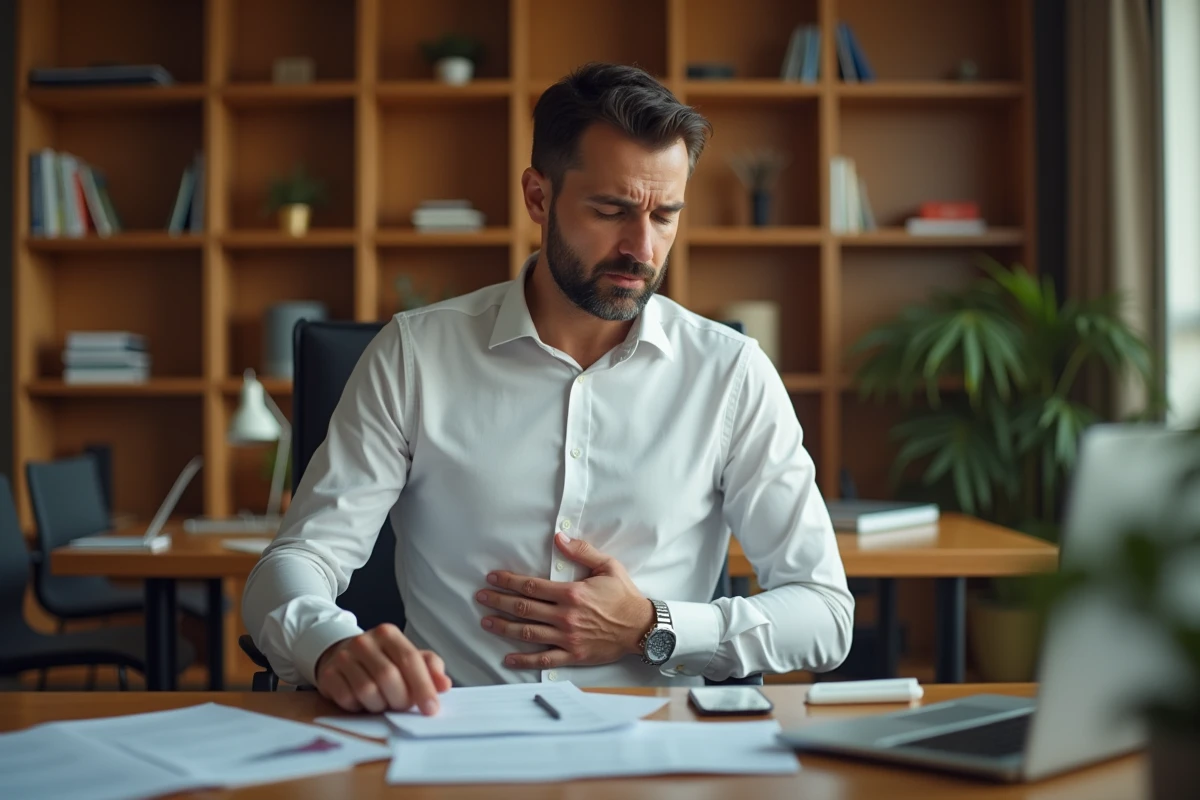 Homme en chemise blanche assis à son bureau souffrant d'une douleur sous les côtes du côté droit