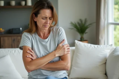 Femme tenant son côté gauche sous l'aisselle avec une expression de douleur légère, assise dans un salon moderne