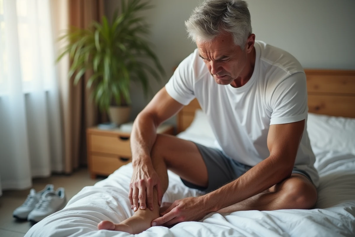 Homme d'âge mûr ressentant une douleur au talon le matin, signe caractéristique d'un éperon plantaire ou calcanéen