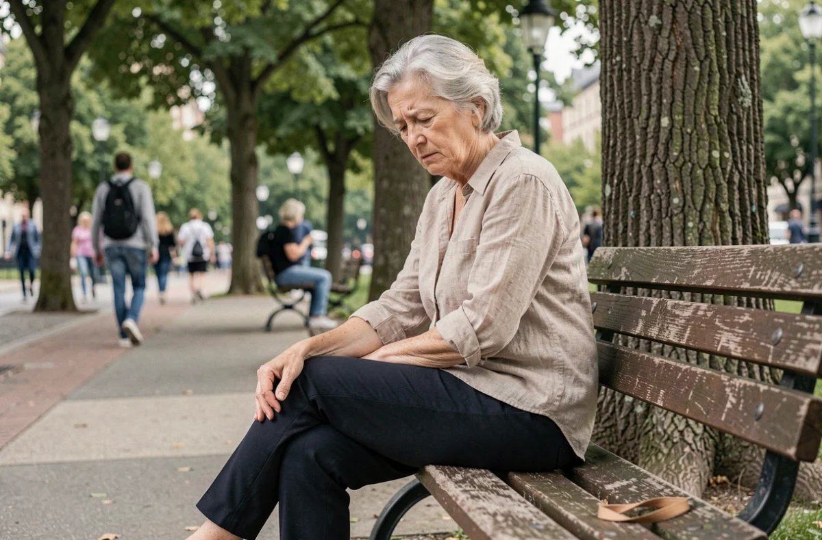Femme âgée assise sur un banc de parc souffrant de douleurs aux jambes liées à une mauvaise circulation artérielle et artériopathie