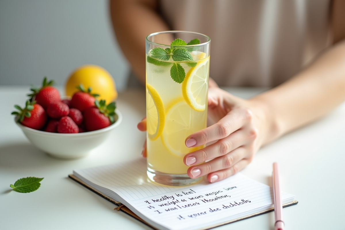 Mains tenant une eau infusée au citron et menthe sur une table blanche