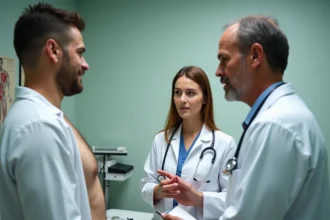 Externe en médecine apprenant les foyers d'auscultation cardiaque auprès d'un médecin senior lors d'un examen clinique en milieu hospitalier